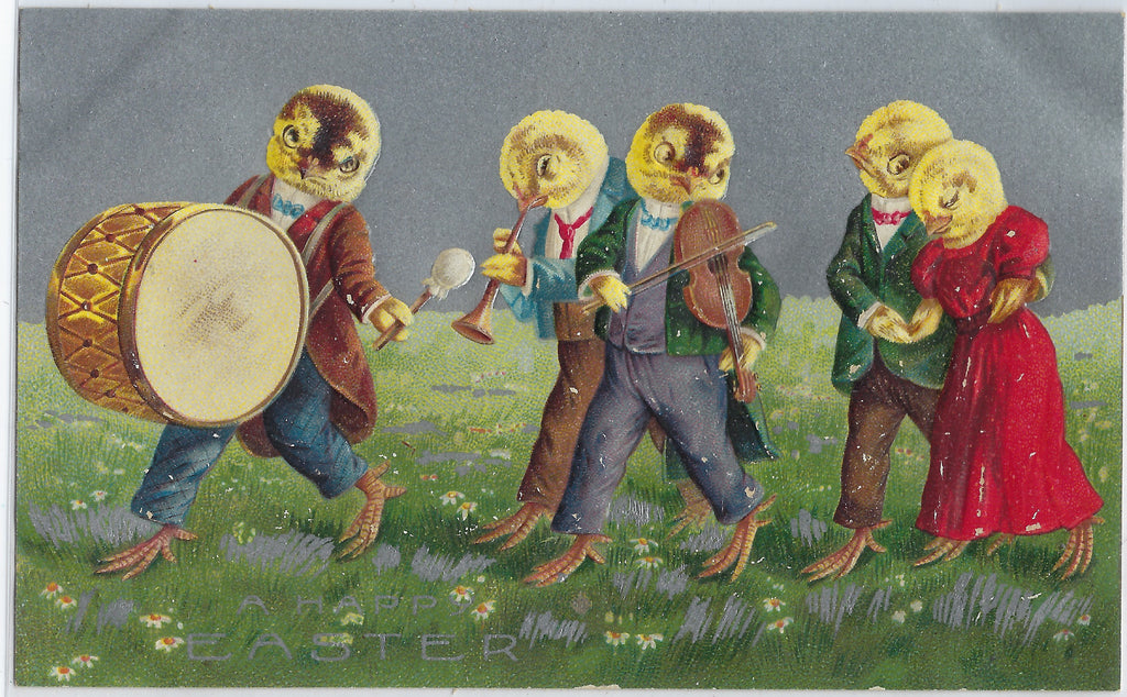 Easter Postcard Anthropomorphic Chicks Dressed Up Band Playing for Couple Silver Background Germany