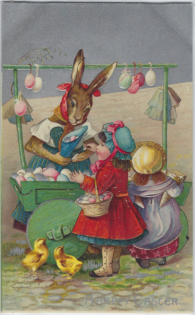 Rare Easter Postcard Anthropomorphic Mother Rabbit Selling Eggs to Children Silver Embossed Background Germany