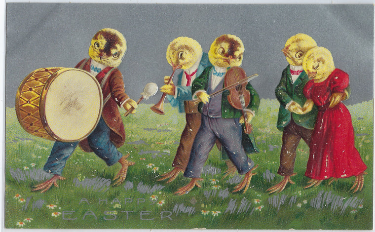 Easter Postcard Anthropomorphic Chicks Dressed Up Band Playing for Couple Silver Background Germany