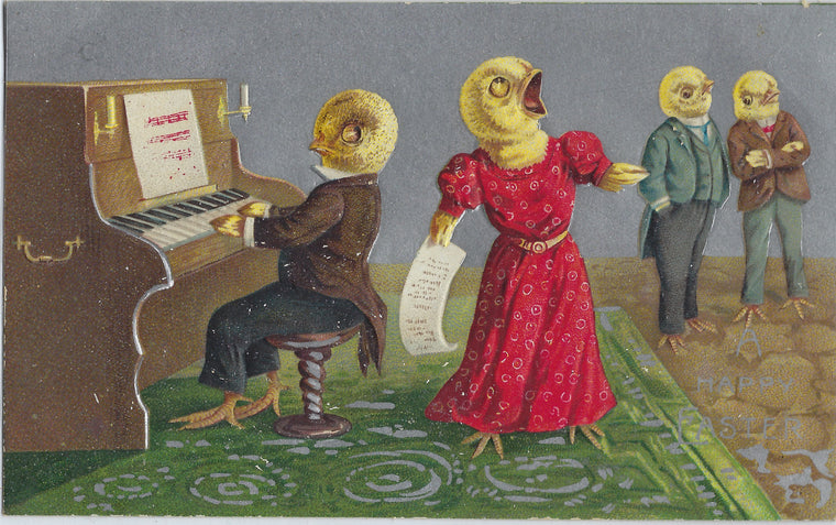 Easter Postcard Anthropomorphic Chick in Suit Playing Piano Female Chick in Dress Singing Silver Background Germany