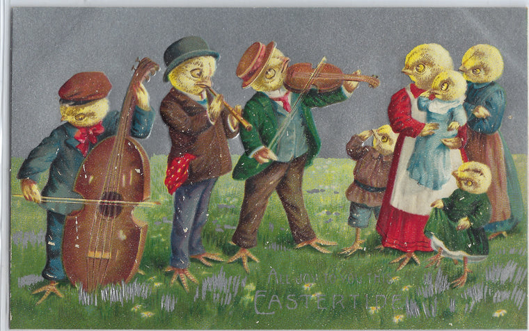 Easter Postcard Anthropomorphic Chicks Dressed Up Band Playing for Family Silver Background Germany