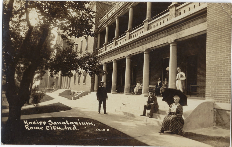 RPPC Real Photo Postcard Rome City Indiana Kneipp Sanitarium Wellness Hospital 1920s People Patients Visitors