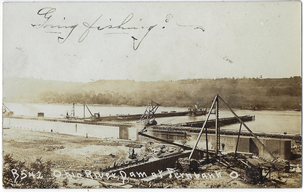 RPPC Real Photo Postcard Ohio River Wicket Dam Construction at Fern Bank (Fernbank) 1900s