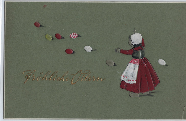 Easter Postcard Little Girl in Dutch Dress Following Trail of Painted Eggs