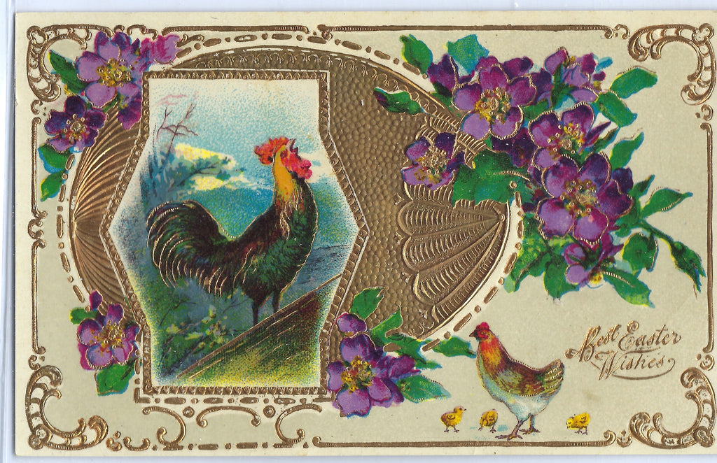 Easter Postcard  Rooster with Purple Flowers Gold Embossed Card Gel Finish Series B-138