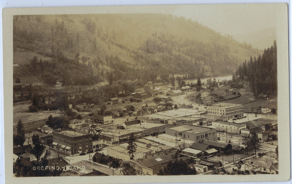 Bird's Eye View of Business District of Orofino Idaho RPPC Real Photo Postcard AZO Stamp