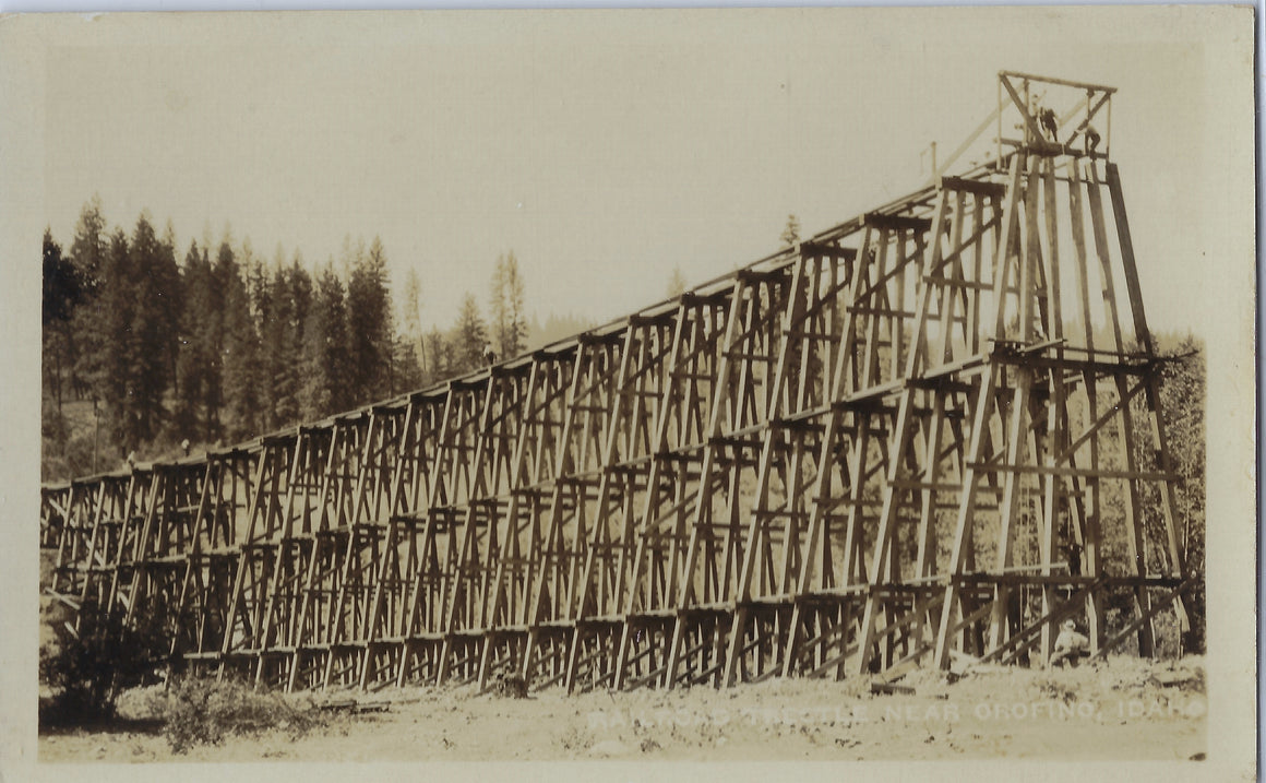 Construction of Railroad Trestle Outside of Orofino Idaho RPPC Real Photo Postcard AZO Stamp