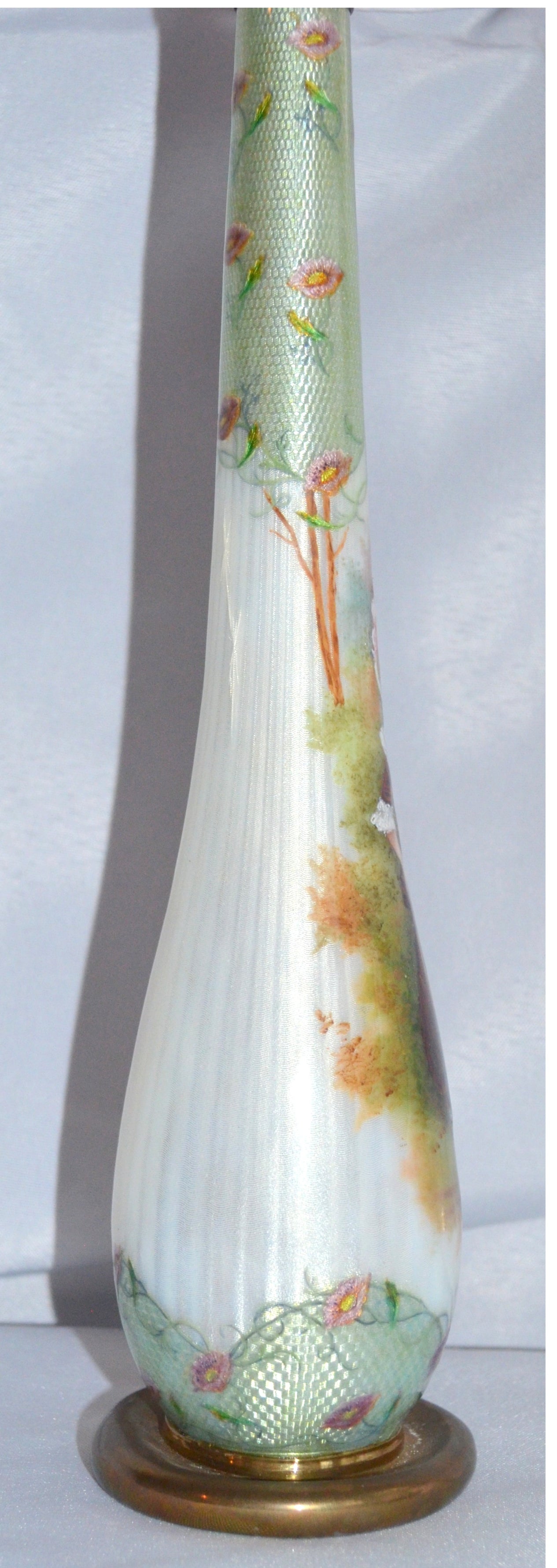 FRENCH Enamel Guilloche Bronze Foil Vase Scenic Hand Painted Maiden Signed Roy 11"