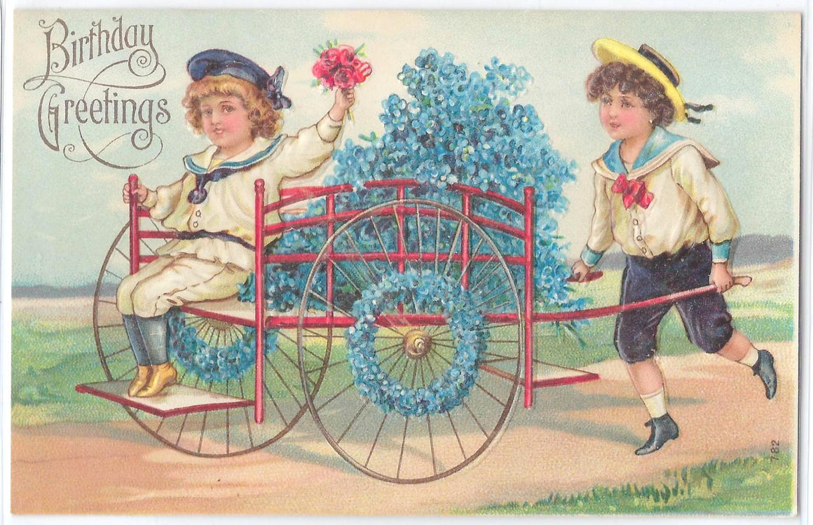 Birthday Greetings Postcard Children Sailor Suits Wagon of Blue Forget Me Nots Series 782