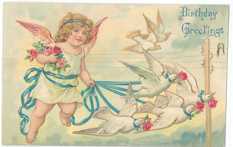 Birthday Greetings Postcard Cupid Angel Flying w/ Doves in Sky Electric Lines Showing Undivided Back