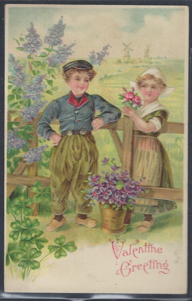 Valentine Postcard Dutch Dressed Children Surrounded by Lilacs and Purple Violets Series 311