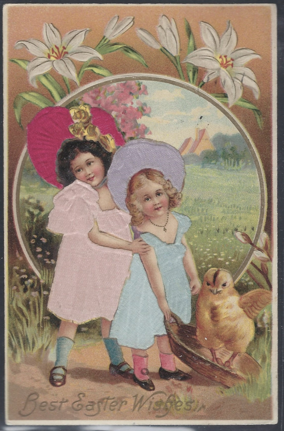Easter Postcard Little Girls Dressed Up Pushing Cart with Baby Chick Silk Applied Printed in Germany