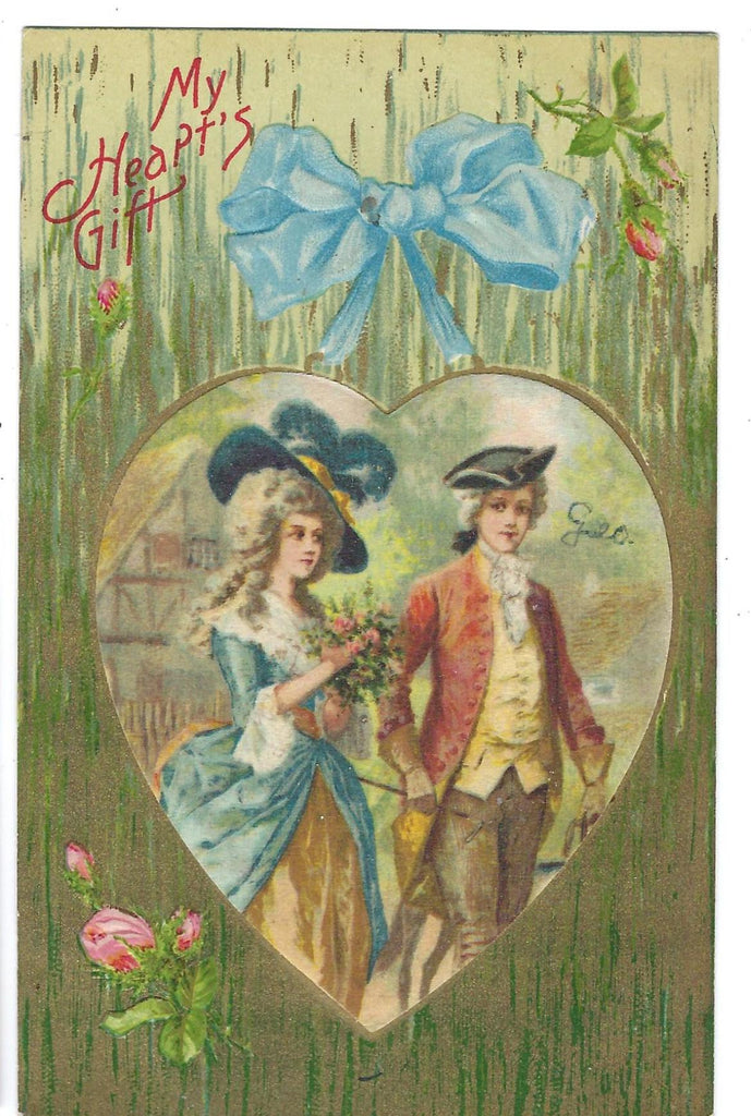 Valentine Postcard Colonial Couple Applied Silk Heart John Winsch Publishing