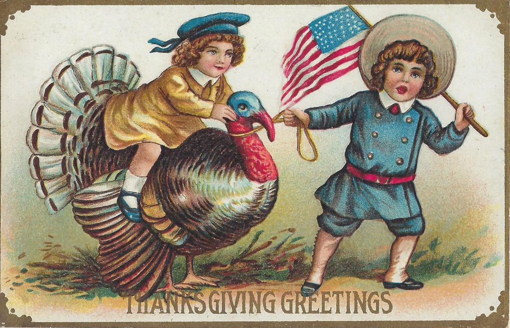 Children Walking Turkey Holding American Flag Thanksgiving Postcard