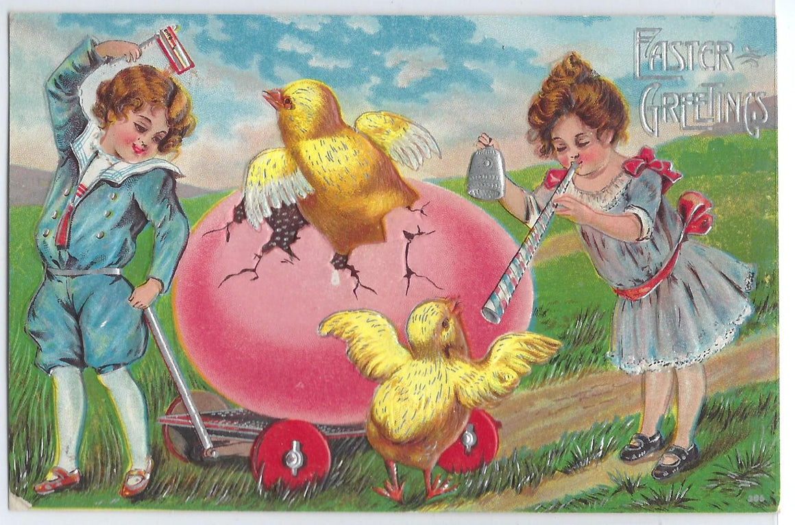 Easter Postcard Silver Embossed Card Children Playing Parade with Giant Egg & Baby Chicks