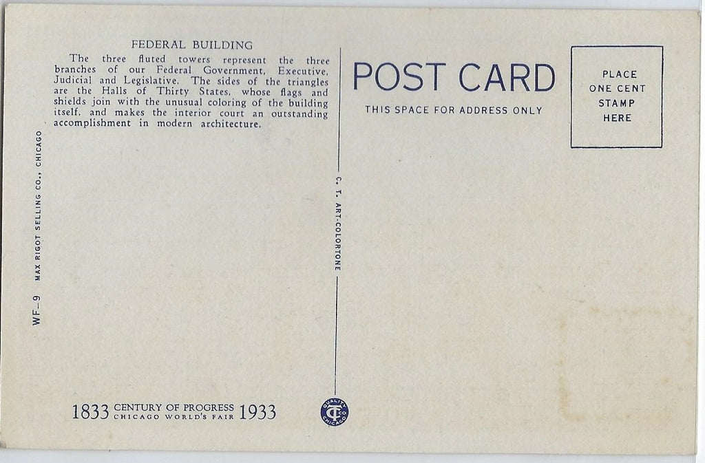 Exposition Postcard 1933 Chicago World Fair Century of Progress Linen Card WF-9 Federal Building