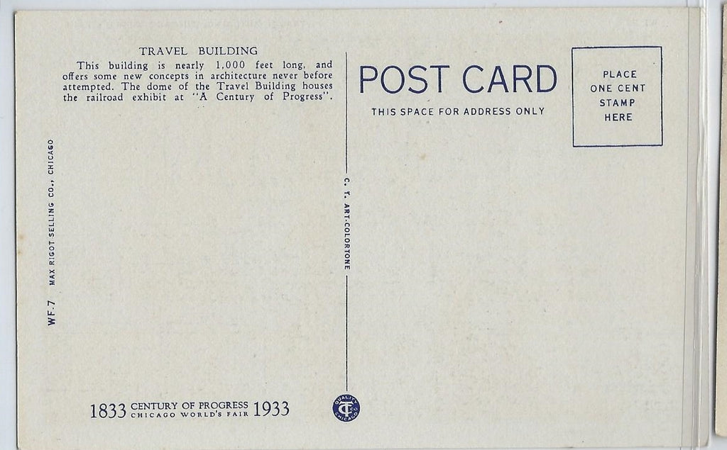Exposition Postcard 1933 Chicago World Fair Century of Progress Linen Card WF-9 Travel Building