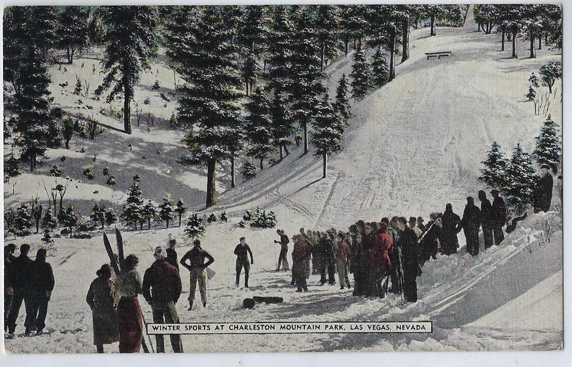 Winter Sports Skiers Charleston Mountain Park Ski Resort Las Vegas Nevada Linen Period Card Color Tinted