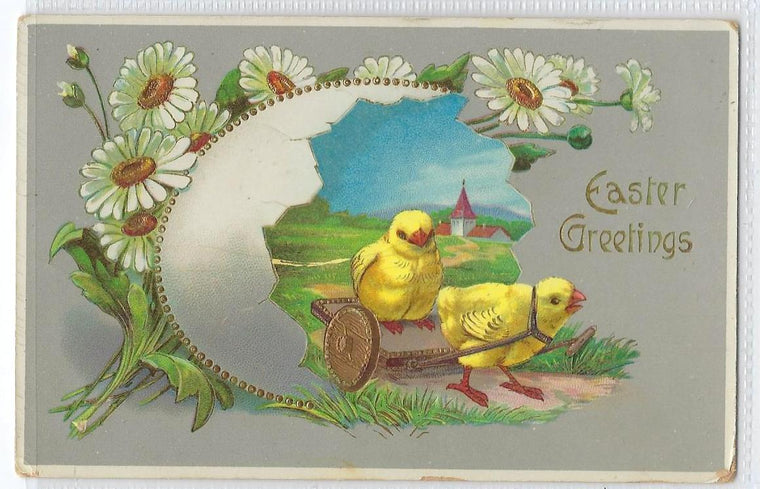 Easter Postcard Baby Chicks in Gold Embossed Cart Coming Out of Large Broken Egg White Daisies and Landscape Series 7818 Germany