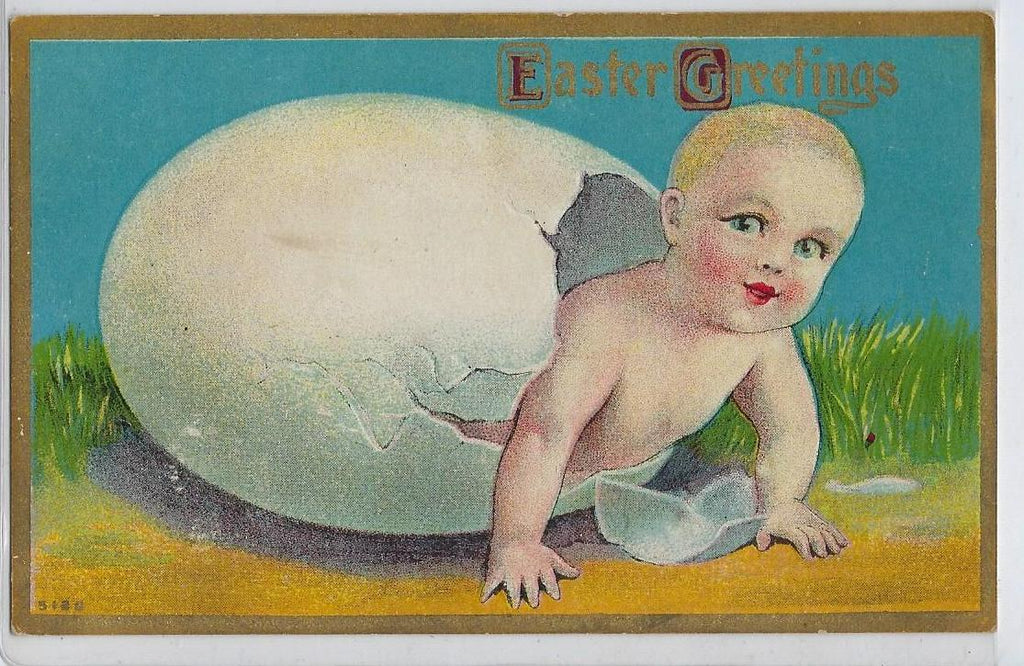 Easter Postcard Little Baby Emerging From Giant Egg Gold Highlighted Embossed Card Germany