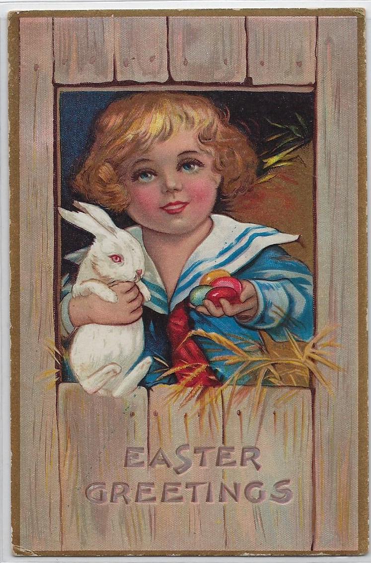 Easter Postcard Little Boy in Sailor Suit Holding White Albino Bunny Rabbit Embossed Card Series No 1