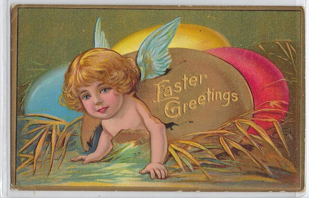 Easter Postcard Little Baby with Wings Emerging From Giant Colorful Eggs Gold Embossed Card Series No 1