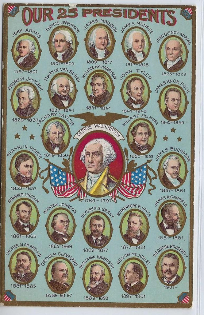 Patriotic Postcard Embossed Card 25 Presidents George Washington Center Portrait Gold with Blue Background