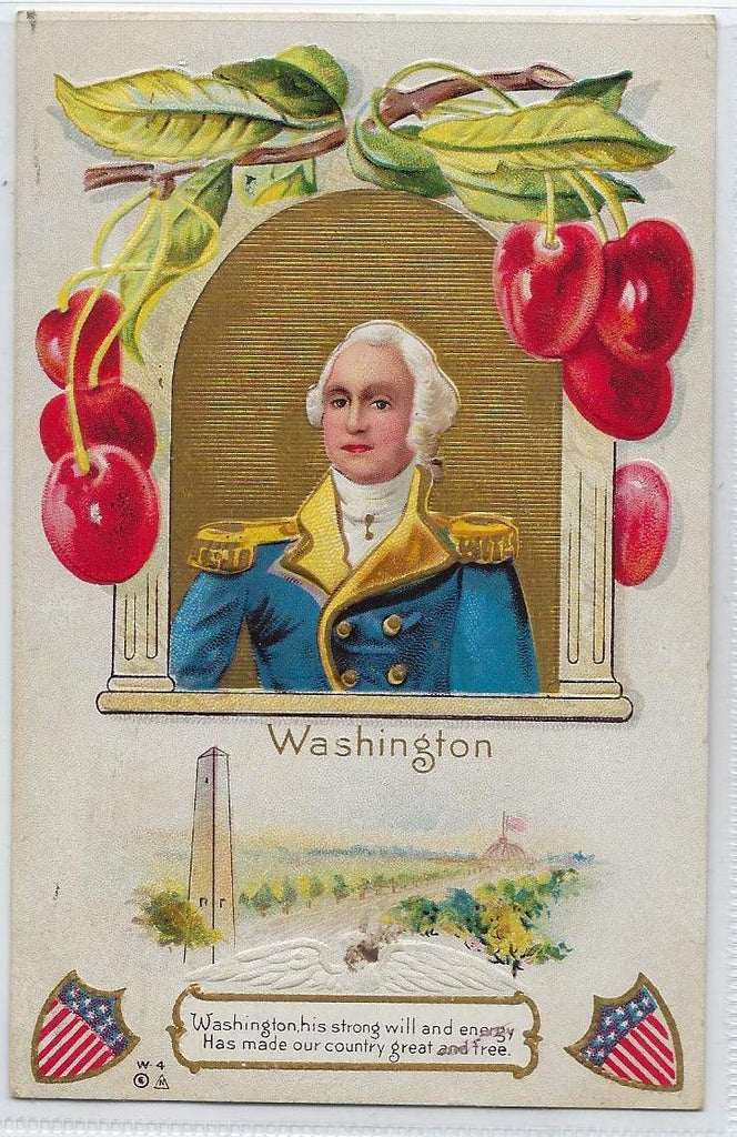 Patriotic Postcard President's Day George Washington Portrait Gold Embossed Cherry Tree