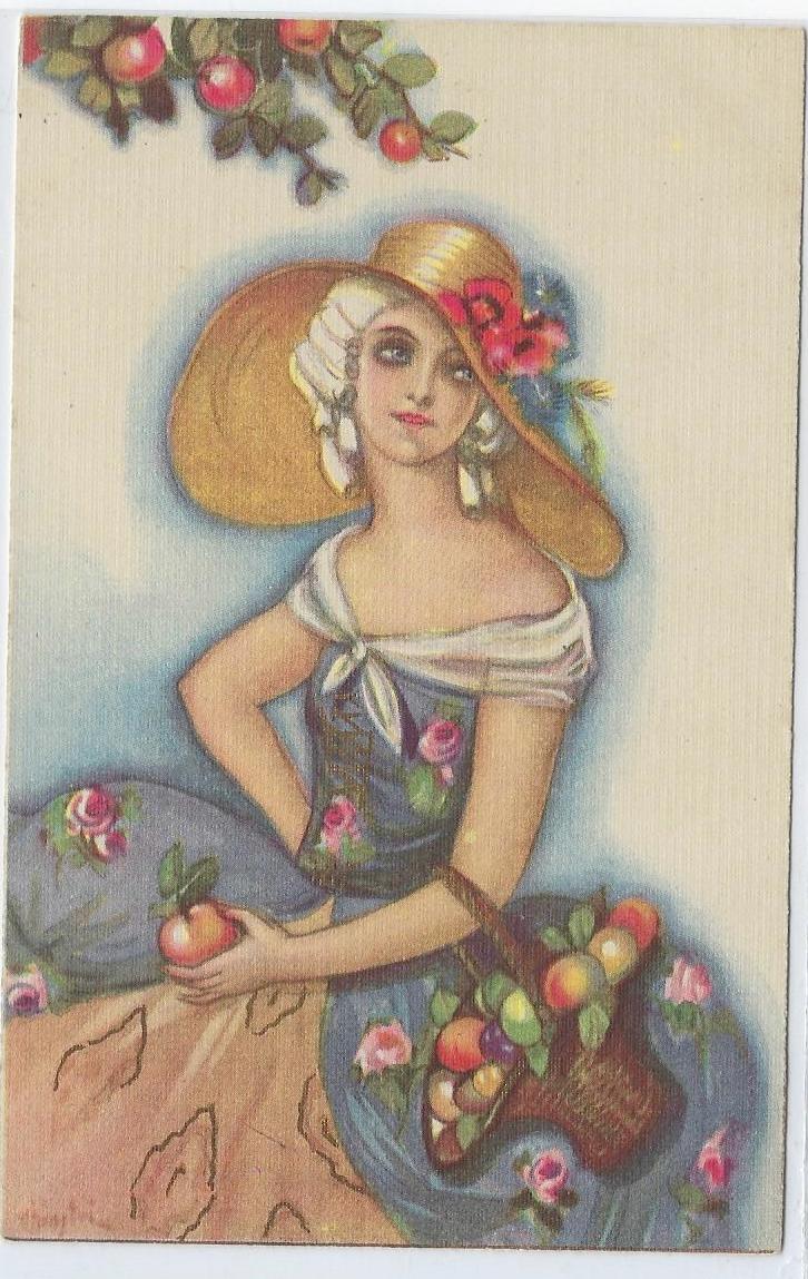 Italian Postcard Artist Sofia Chiostri (Fofi) Art Deco Woman Gathering Apples Series 203 Artistic Post Card