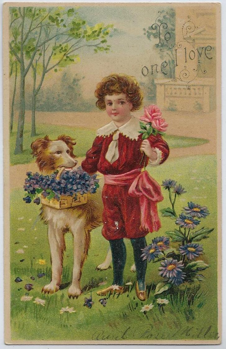 Valentine Postcard Embossed Young Boy with Dog Holding Flowers Series 286 Germany Early Undivided Back