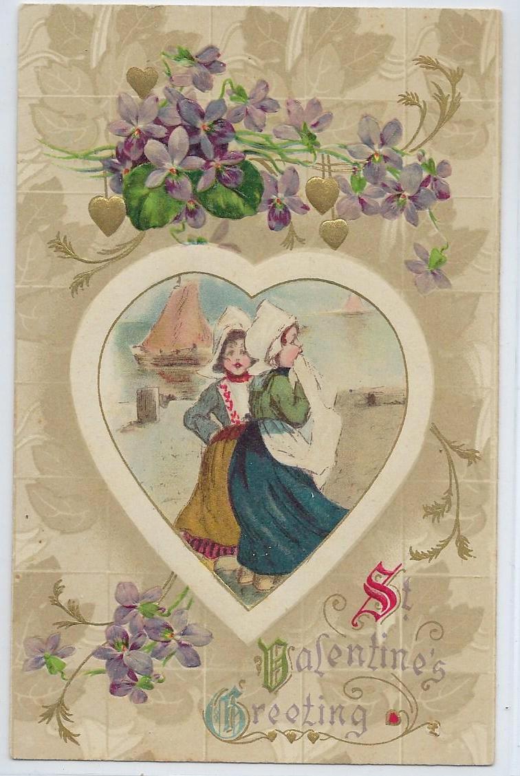 Valentine Postcard Portrait Image of Dutch Girls in Heart Gold Embossed John Winsch Publishing Germany