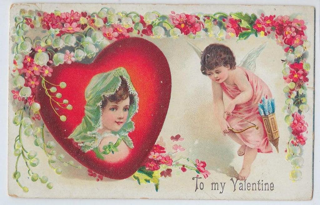 Valentine Postcard Cupid Shooting Heart with Portrait of Woman in Green Bonnet, Series 259 Flower Border