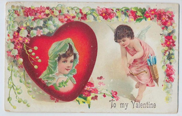 Valentine Postcard Cupid Shooting Heart with Portrait of Woman in Green Bonnet, Series 259 Flower Border