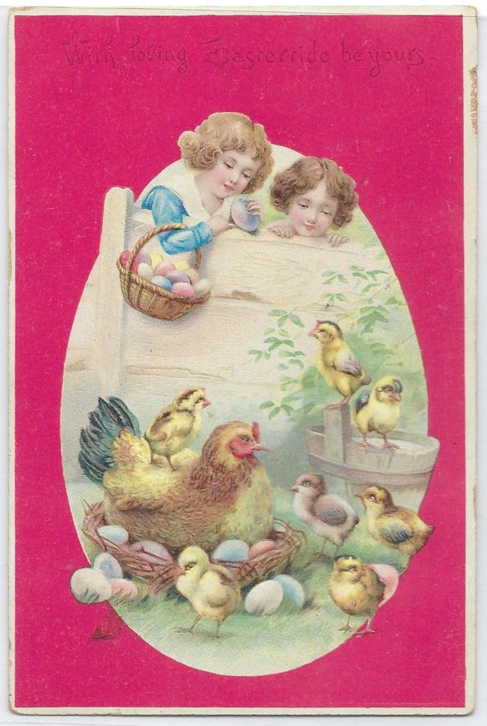Easter Postcard Children Holding Painted Egg Basket Watching Hen & Chicks Embossed Card with Pink Border