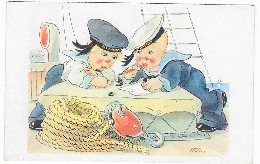 Artist Postcard Italian Signed Monogram Initials M.M. Young Boys Navy Sailors Writing Letter Comical Card Series 1026 Cecami Publishing