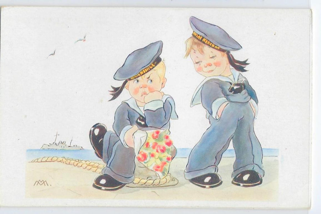 Artist Postcard Italian Signed Monogram Initials M.M. Young Boys Navy Sailors Holding Flowers Comical Card Series 1026 Cecami Publishing
