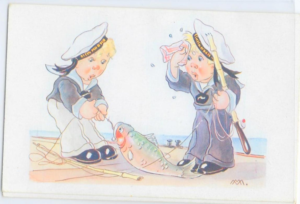 Artist Postcard Italian Signed Monogram Initials M.M. Young Boys Navy Sailors Catching Fish Comical Card Series 1026 Cecami Publishing