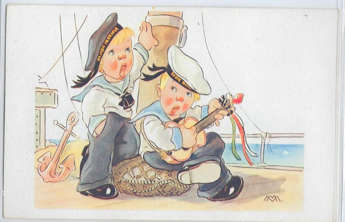 Artist Postcard Italian Signed Monogram Initials M.M. Young Boys Navy Sailors Singing Comical Card Series 1026 Cecami Publishing