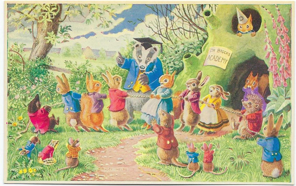 Racey Helps Artist Postcard Humanized Rabbits Anthropomorphic Forest Animals The Tug O' War Medici Society Publishing