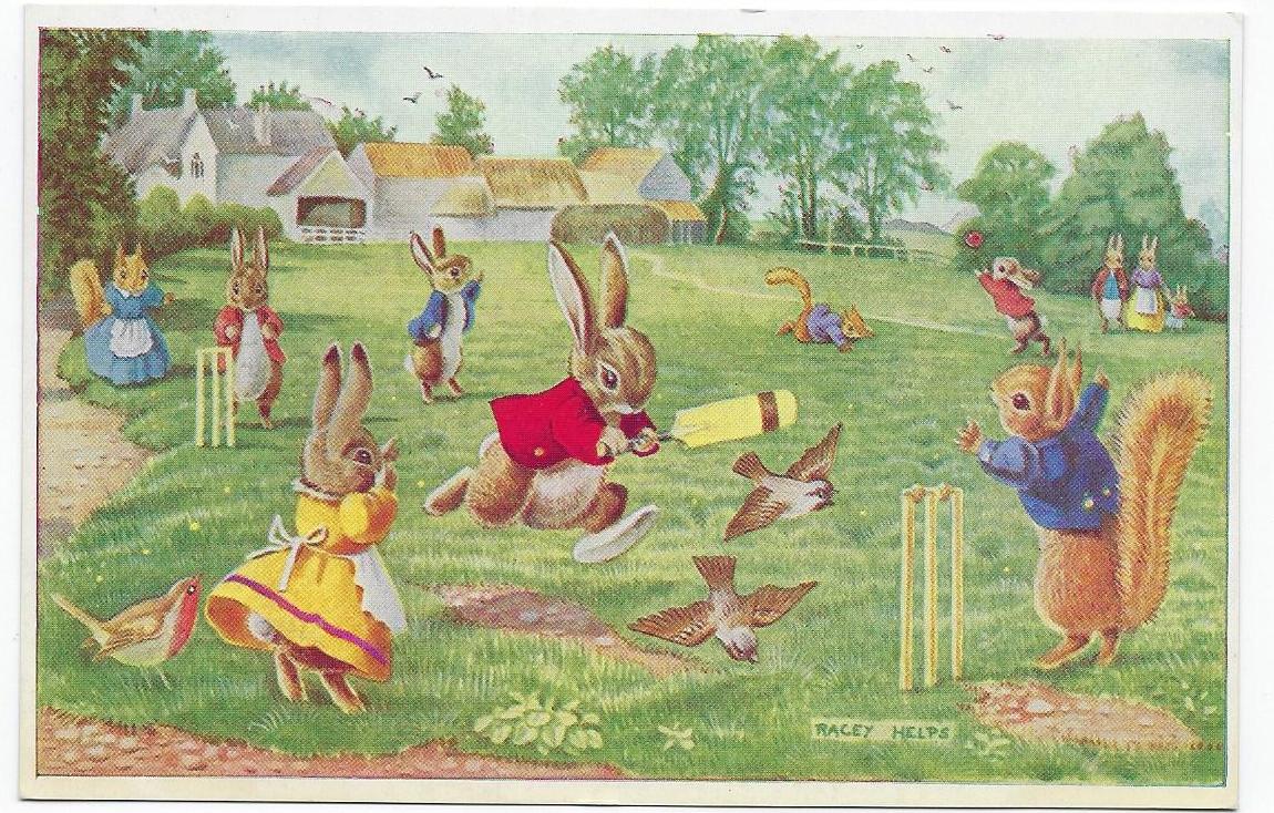 Racey Helps Artist Postcard Humanized Rabbits Anthropomorphic Forest Animals Hit for Six Medici Society Publishing