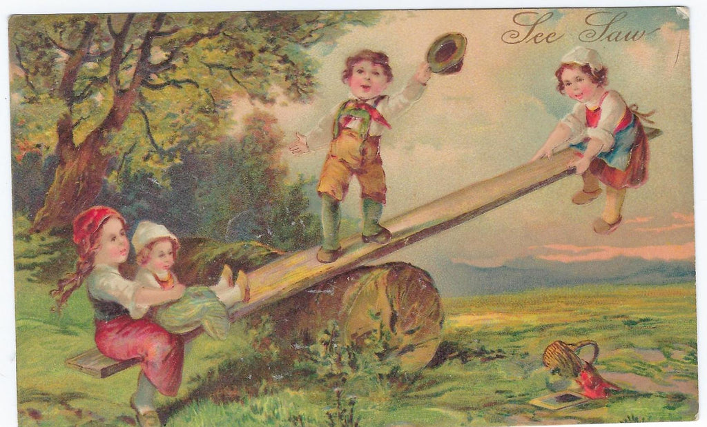 Embossed Postcard Titled See Saw Children Playing Games Series 6943 PFB Publishing Paul Finkenrath Berlin