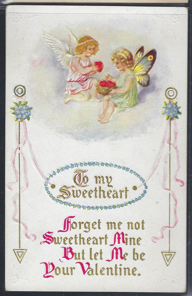 Valentine Postcard Children with Angel & Butterfly Wings Embossed Nouveau Style