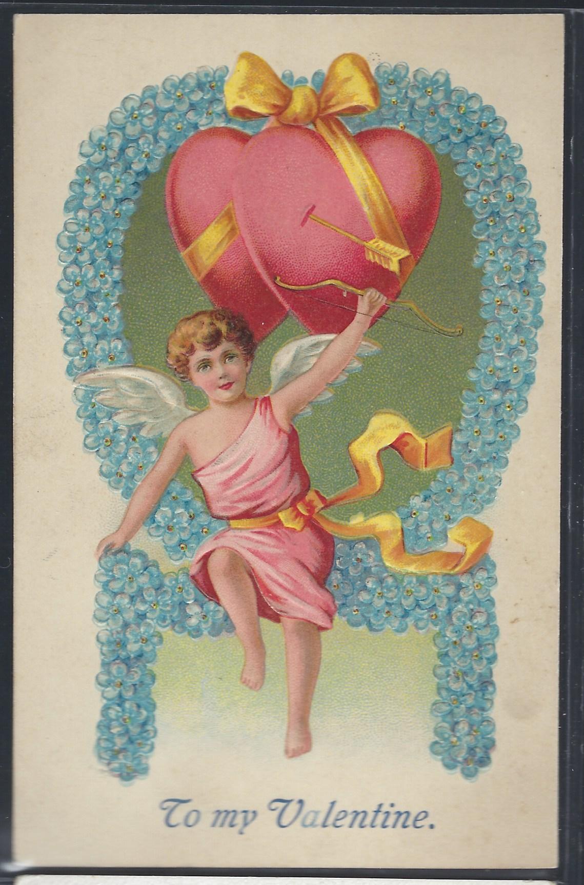 Valentine Postcard Cupid Holding Heart Blue Flowers Embossed Series 578