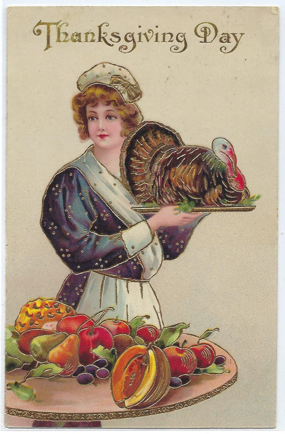 Thanksgiving Postcard Gold Highlighted Embossed Card with Woman Serving Turkey Dinner Series 278