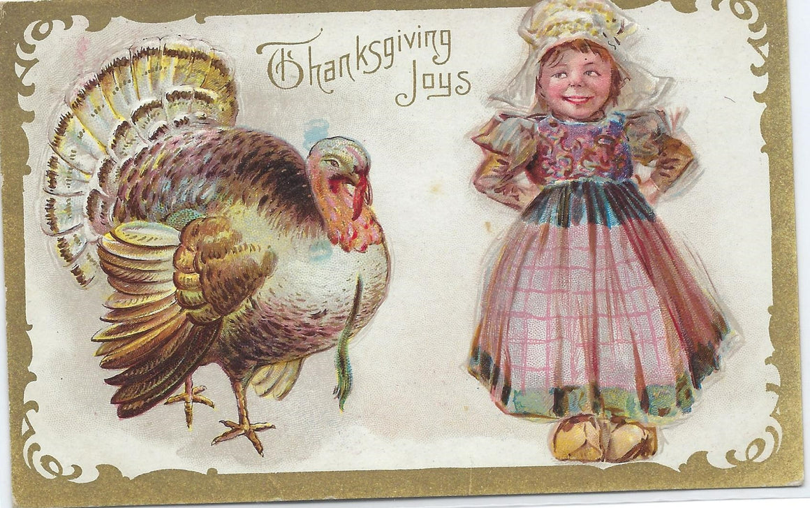 Thanksgiving Postcard Young Dutch Dressed Girl Standing with Large Turkey