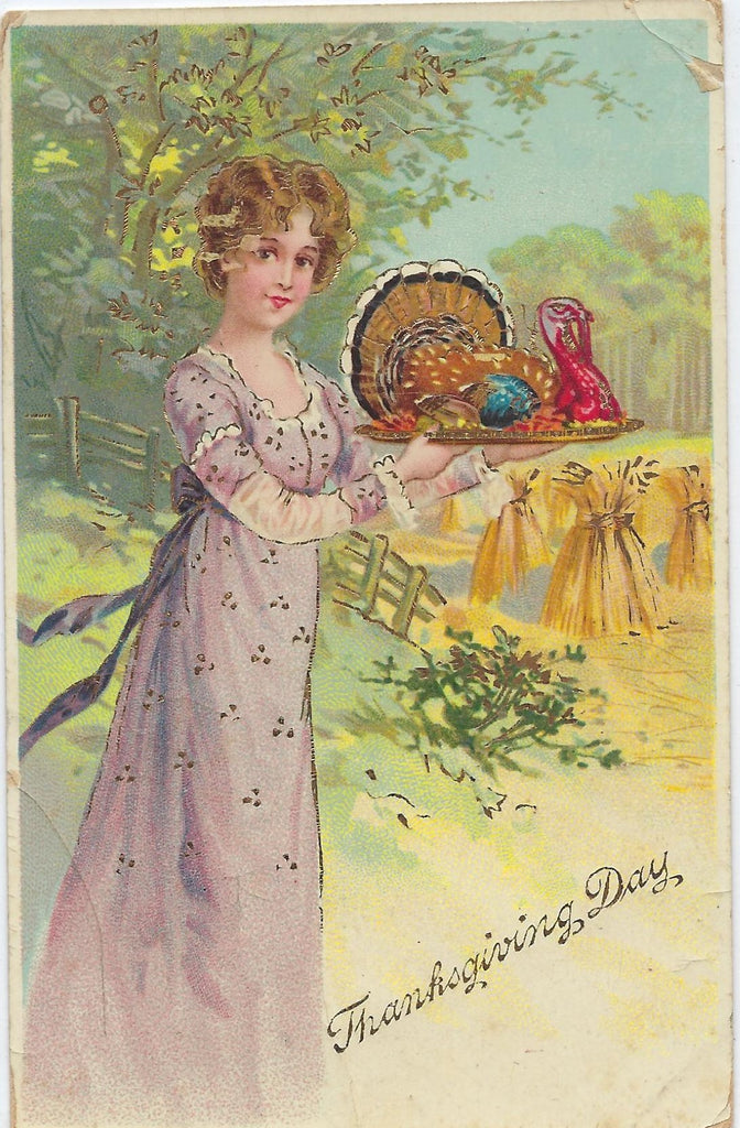 Thanksgiving Postcard Woman Delivering Turkey Gold & Gel Finish