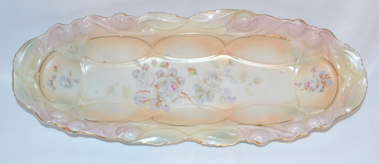 Antique German Porcelain Blue Rose Decorated Tray Luster Pearl Finish