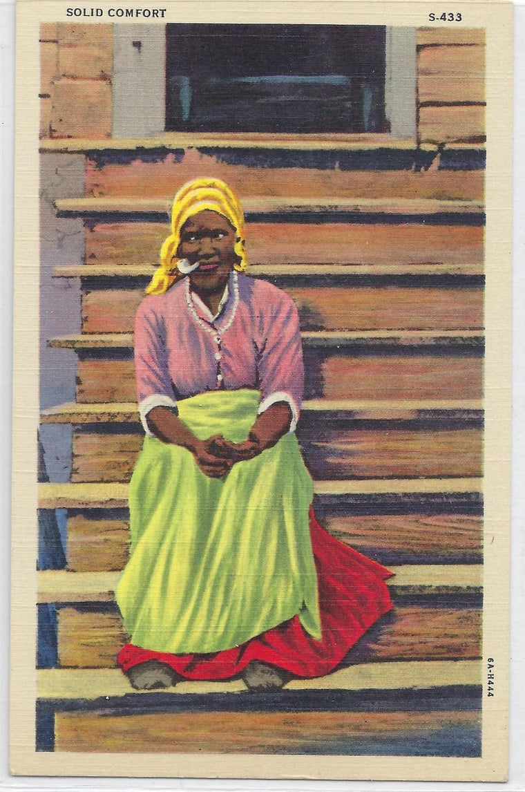 Black Americana Postcard African American Woman Smoking Pipe on Steps Southern Scenes Series