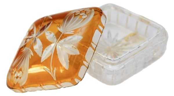 Bohemian Glass Amber Cut to Clear Crystal Covered Box with Engraved Flowers
