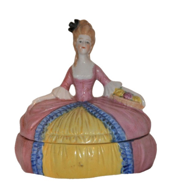 German Porcelain Half Doll Lady Powder Box Jar Madame Pompadour Holding Flowers